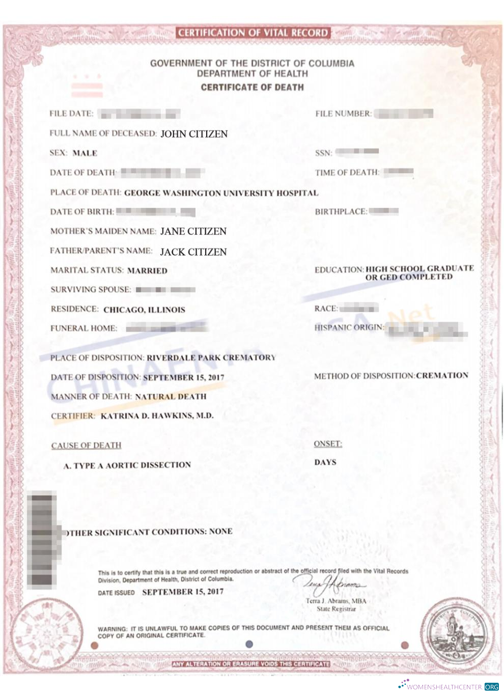 Download Columbia district certificate of death Photoshop template